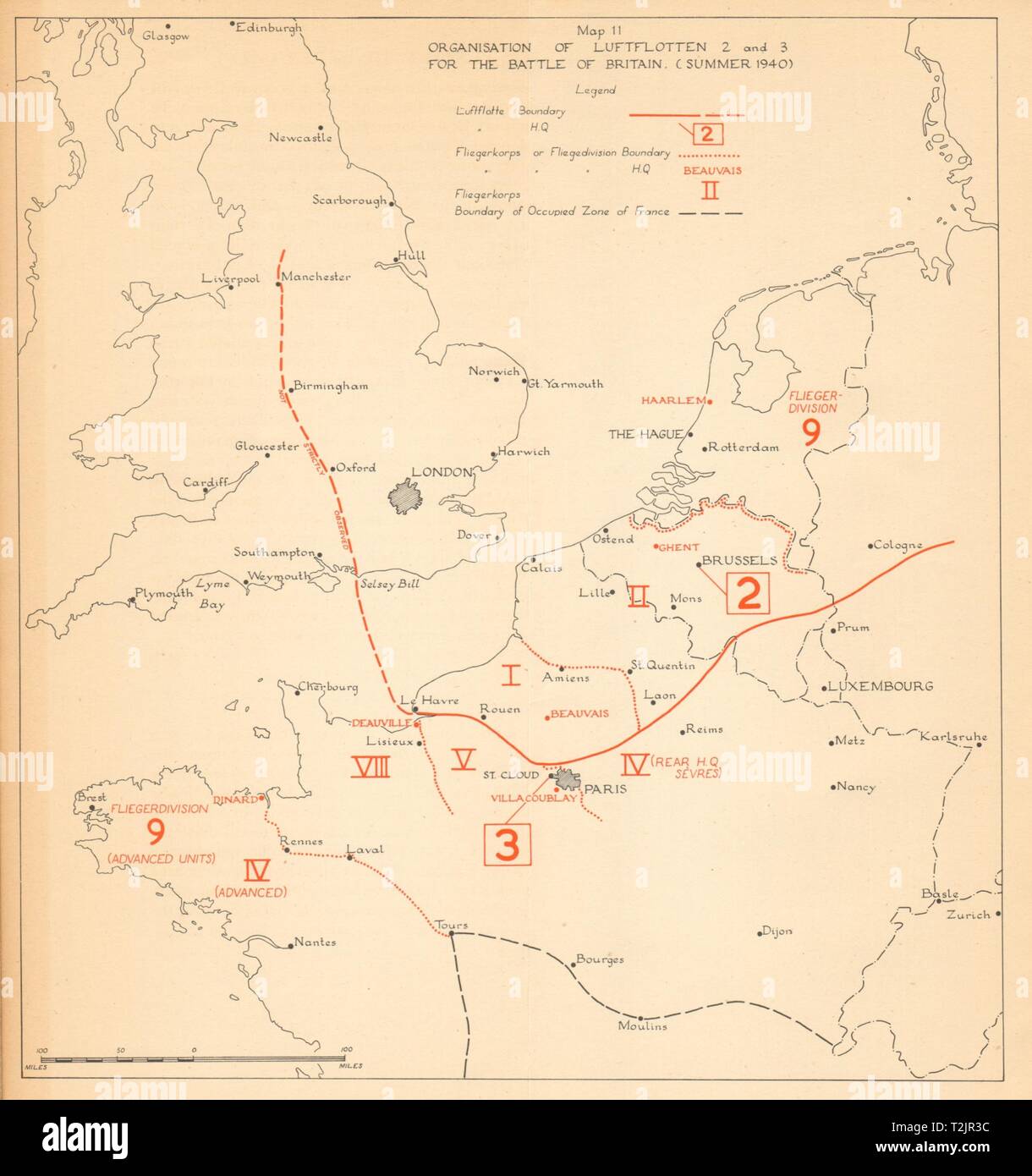 Comando della Luftwaffe organizzazione. Battaglia di Bretagna, estate 1940. WW2 1957 mappa Foto Stock