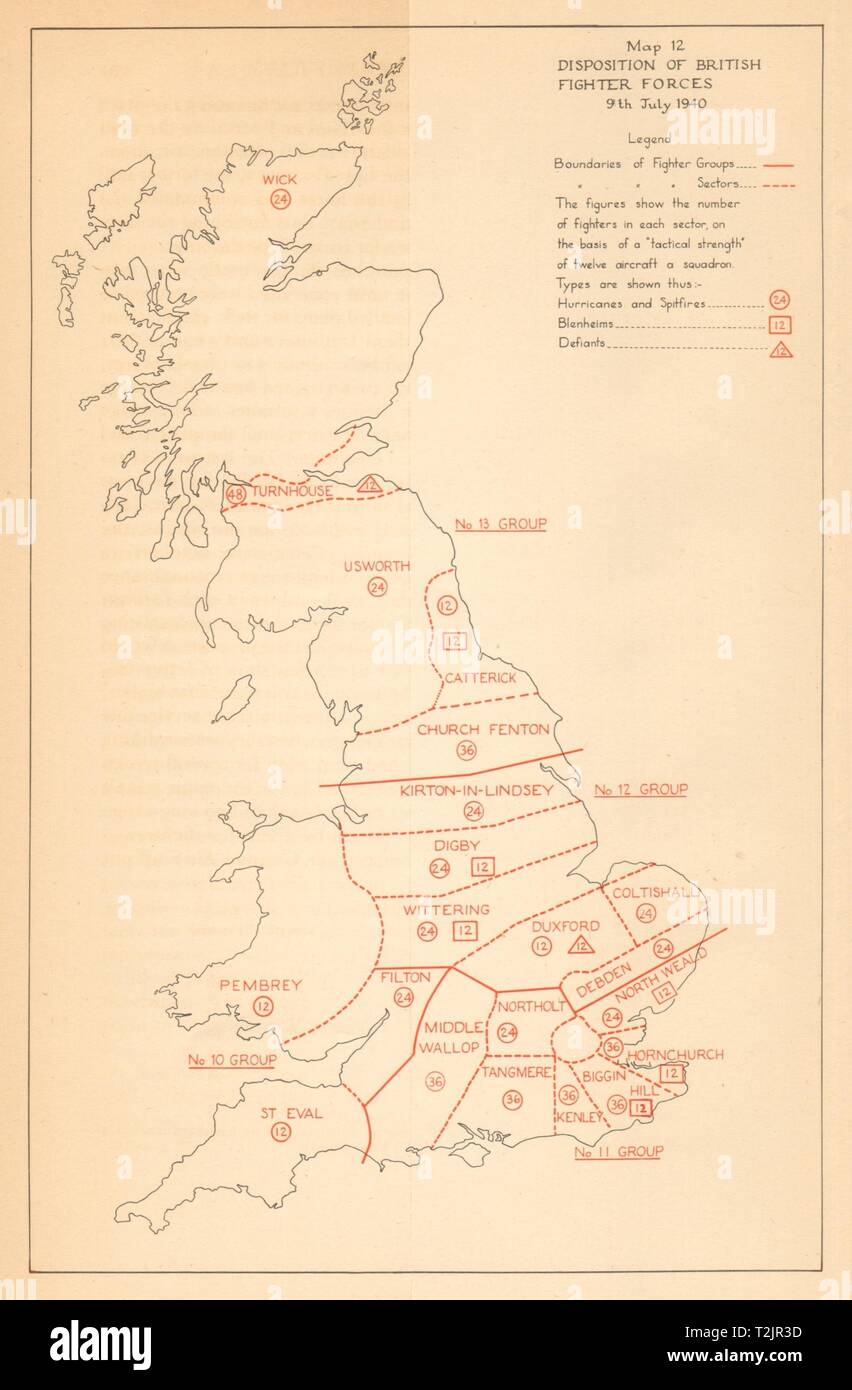 La disposizione di British Fighter forze 9 luglio 1940 Battaglia di Bretagna WW2 1957 mappa Foto Stock