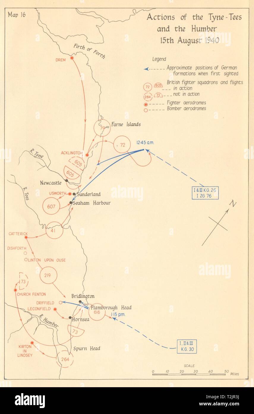 Battaglia di Bretagna. Tyne-Tees & Humber raid. Il 15 agosto 1940. Luftwaffe 1957 mappa Foto Stock