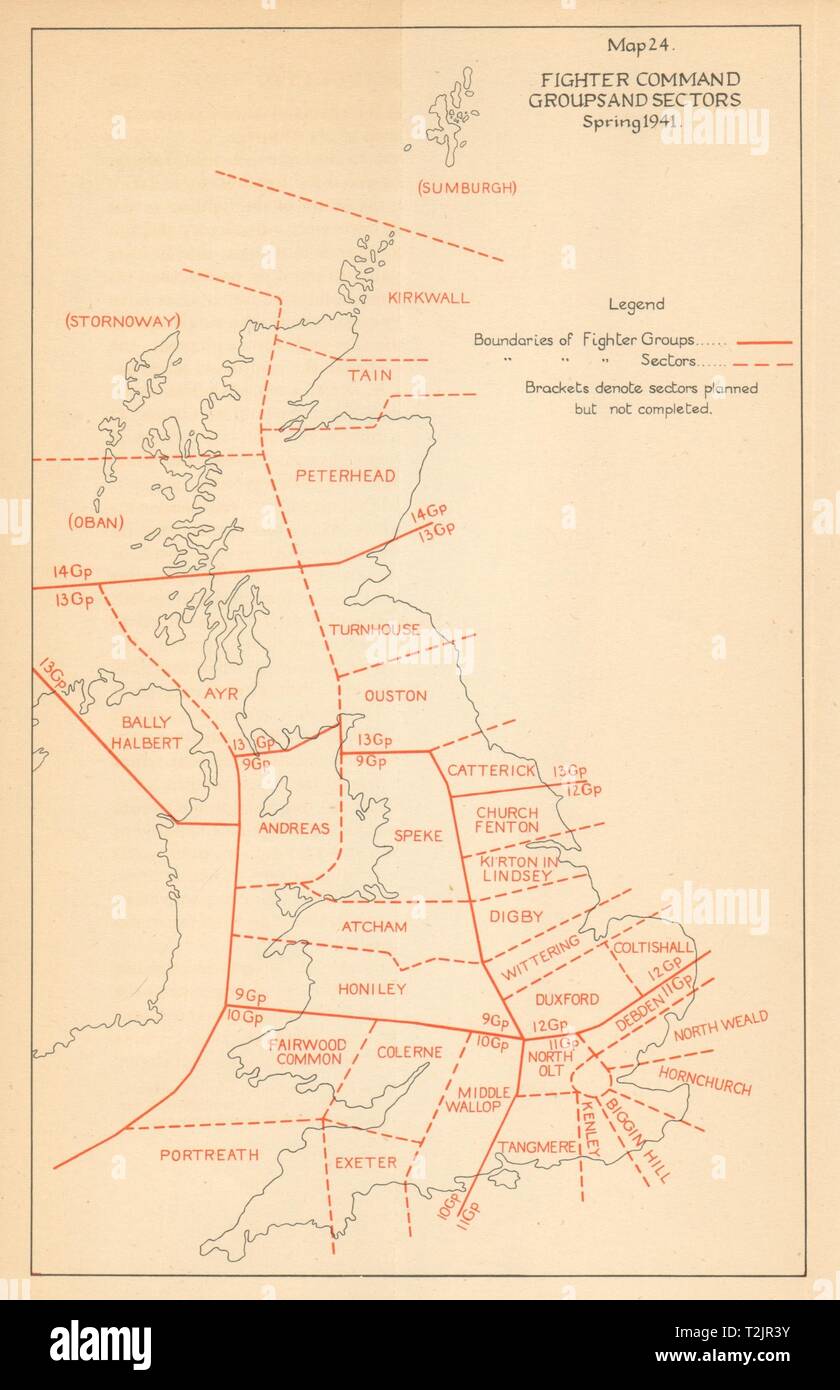 RAF Fighter Command gruppi e settori, la molla 1941. Guerra Mondiale 2 1957 mappa vecchia Foto Stock