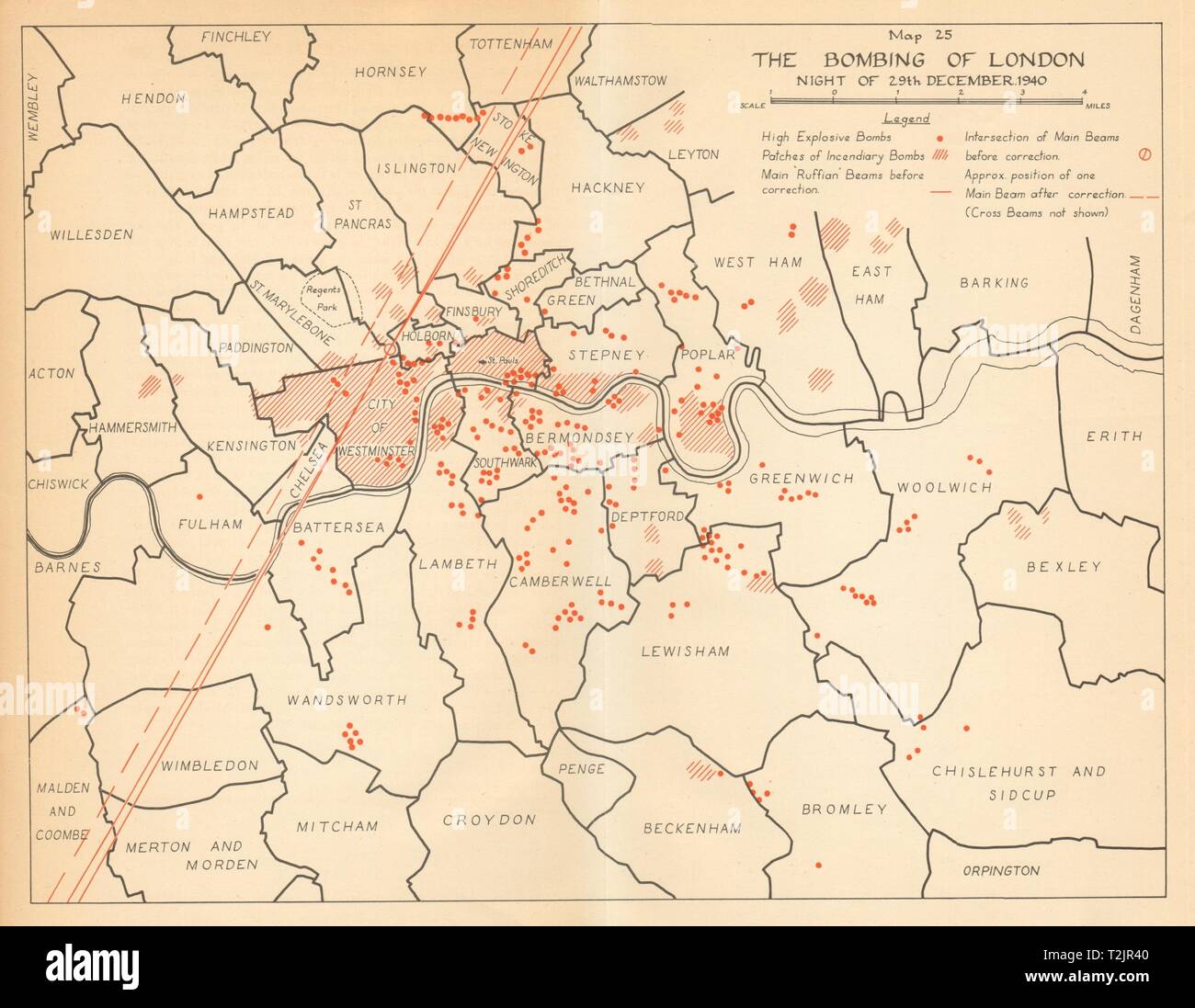 Luftwaffe bombardamenti di Londra il 29 dicembre 1940. Blitz. Guerra Mondiale 2 1957 mappa vecchia Foto Stock