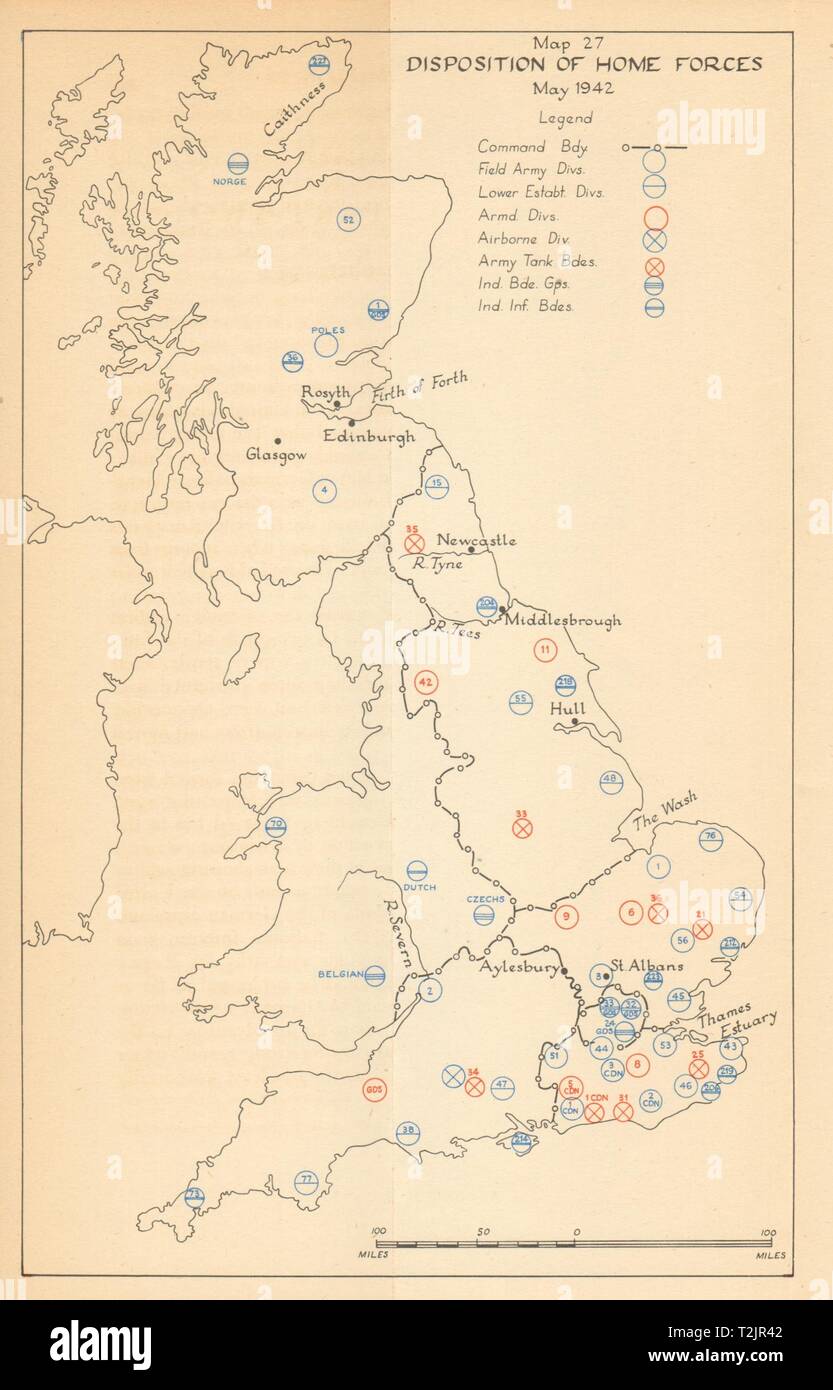 La disposizione delle forze Home primavera del 1942. Difesa del Regno Unito. Guerra Mondiale 2 1957 mappa vecchia Foto Stock