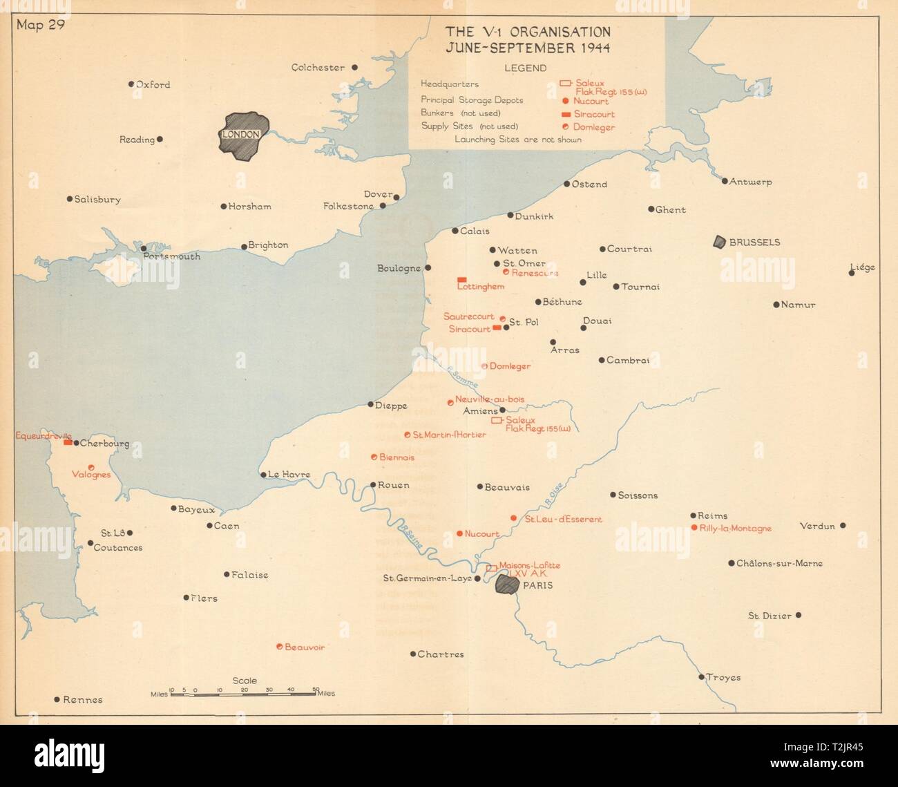 V-1 organizzazione a razzo giugno-settembre 1944. Depositi di bunker WW2 1957 mappa Foto Stock