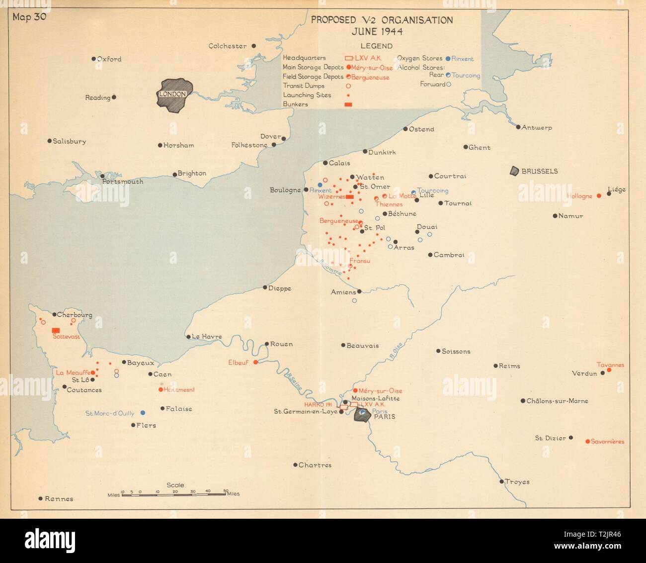 V-2 organizzazione a razzo a giugno 1944. Siti di lancio. Magazzini. WW2 1957 mappa Foto Stock