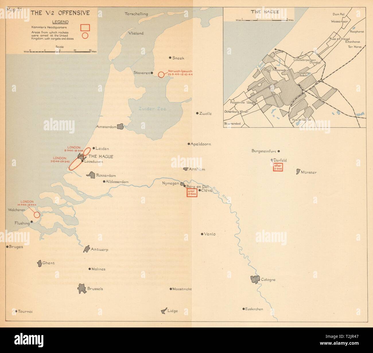 V-2 lancio del razzo aree bombardamento del Regno Unito. Settembre 1944-marzo 1945. L'Aia 1957 mappa Foto Stock