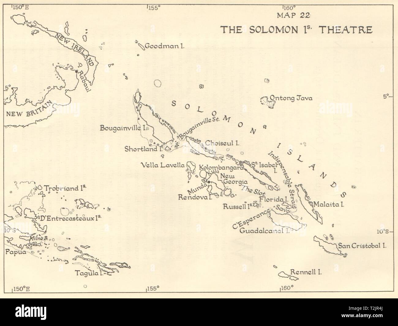 Guerra mondiale 2. Le Isole Salomone Teatro. Pacific 1956 old vintage map chart Foto Stock