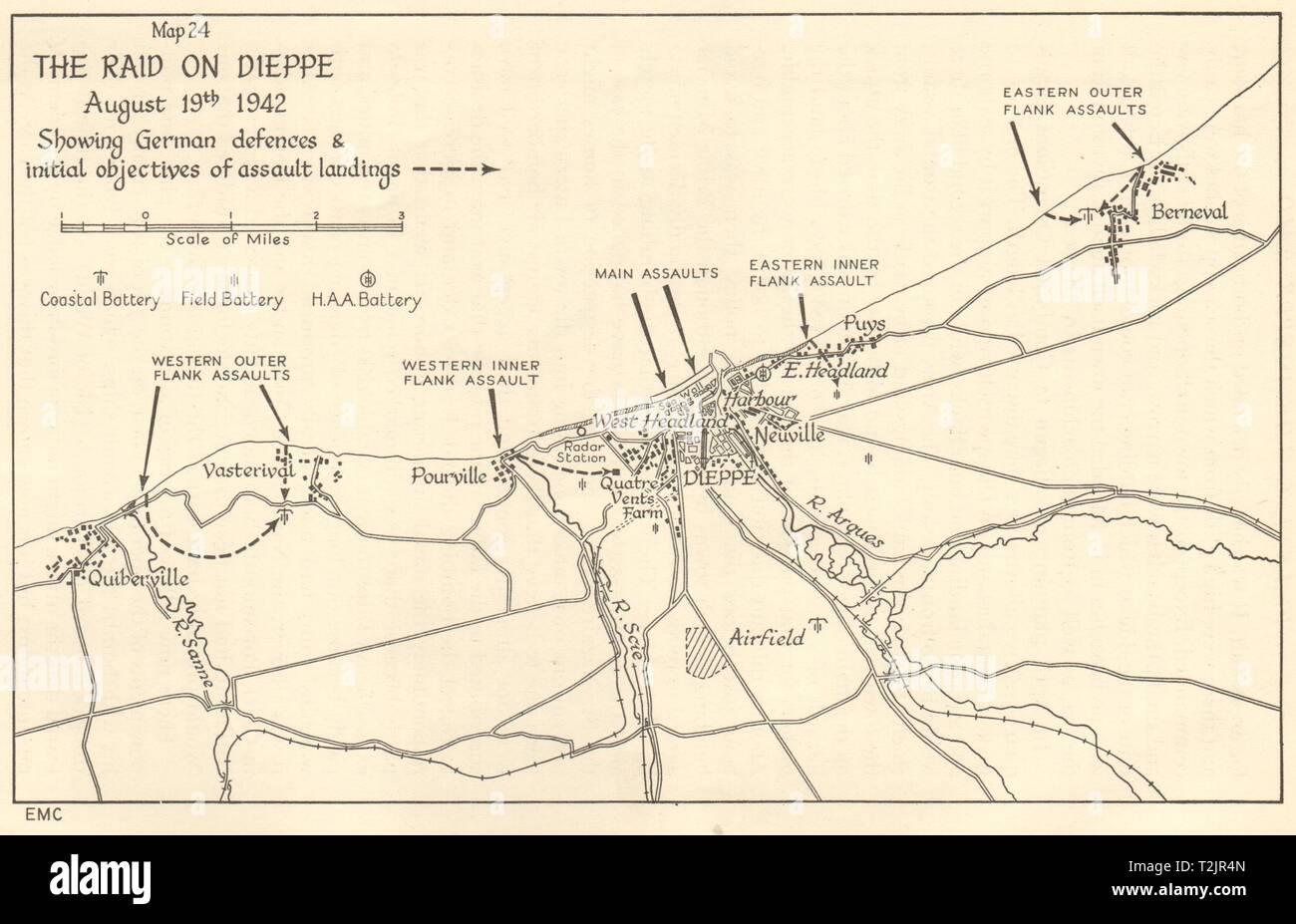 Guerra mondiale 2. Il Raid su Dieppe - 19 agosto 1942. Senna Marittima 1956 mappa Foto Stock