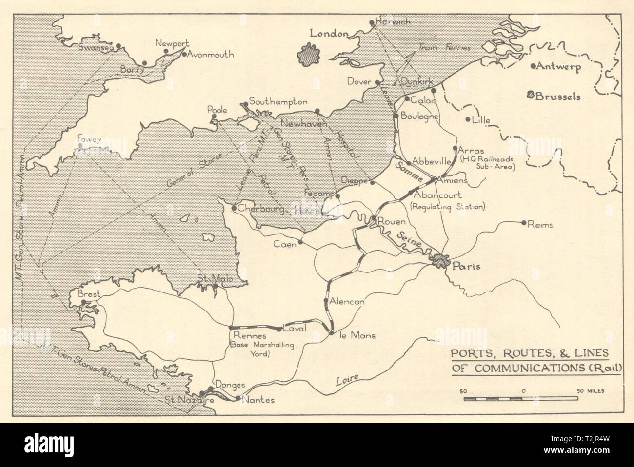 Caduta della Francia 1940. "Porti, percorsi & common rail communications. WW2 1953 mappa vecchia Foto Stock