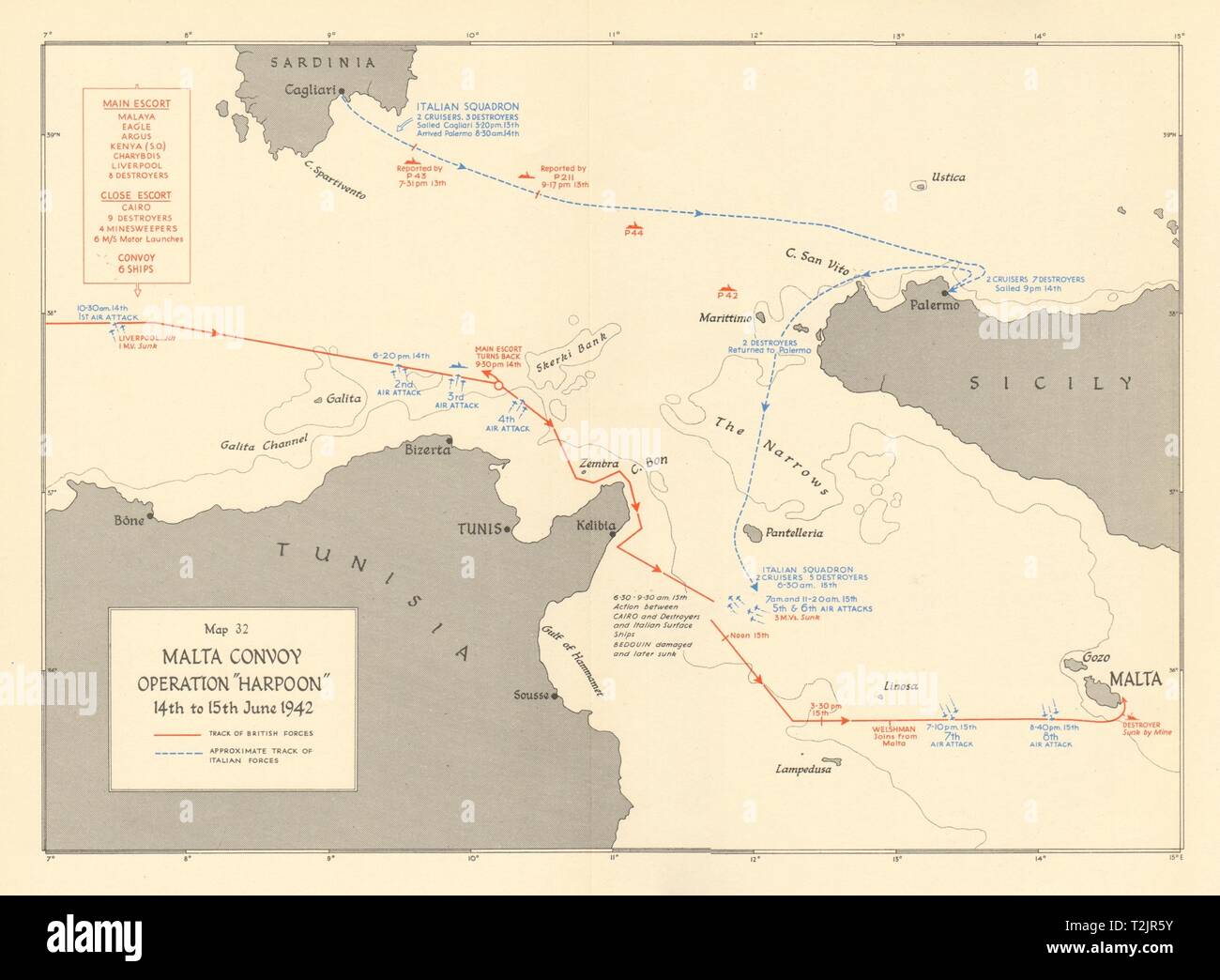 Malta convoglio. Operation Harpoon 14th-15th Giugno 1942. Guerra Mondiale 2 1960 mappa vecchia Foto Stock