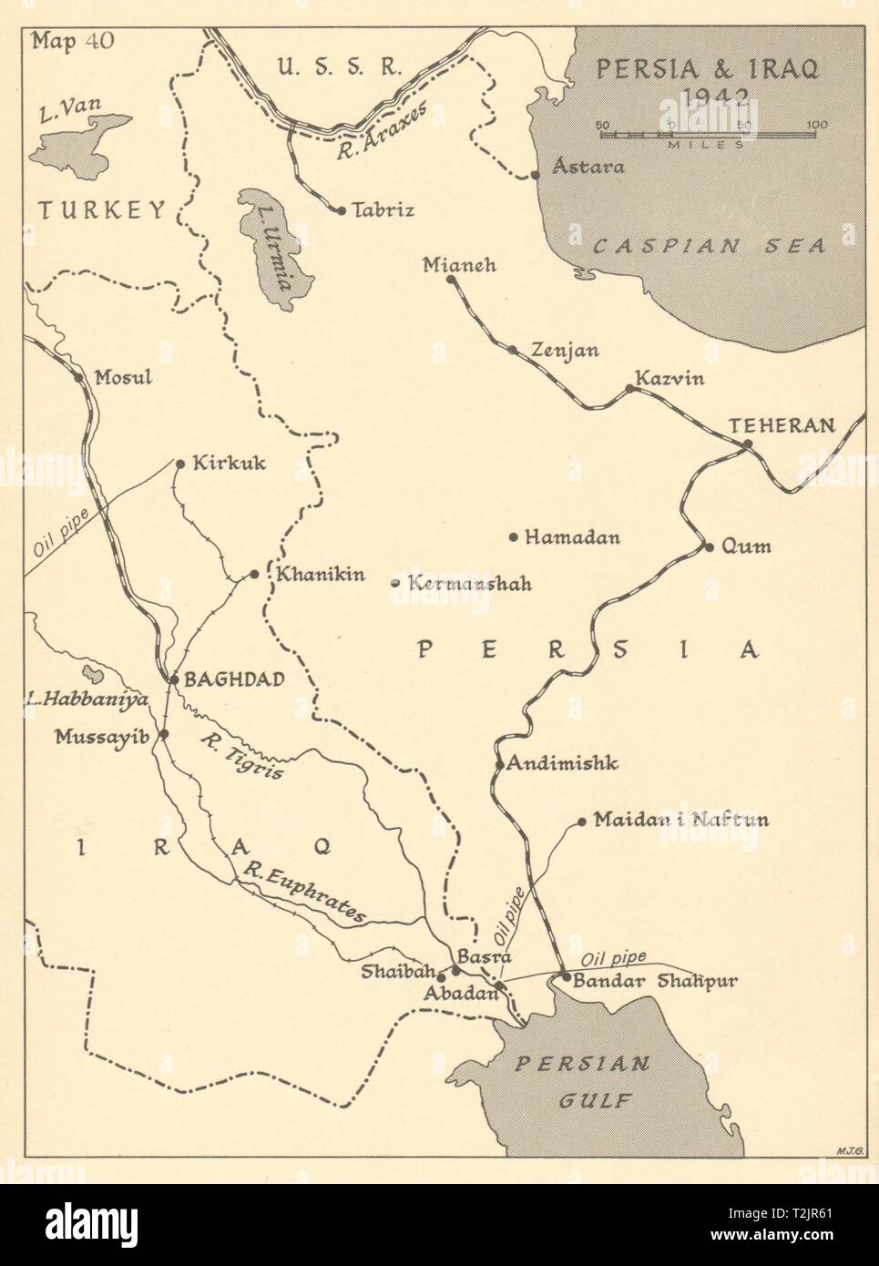 La Persia e Iraq 1942. Guerra Mondiale 2 teatro mediorientale. Iran 1960 mappa vecchia Foto Stock
