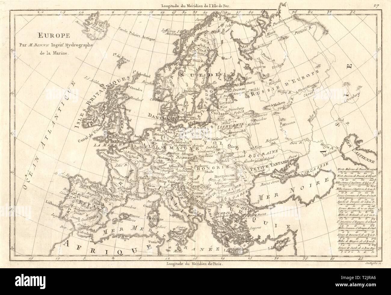 Mappa antica di Europa da BONNE 1789 vecchio piano vintage chart Foto Stock