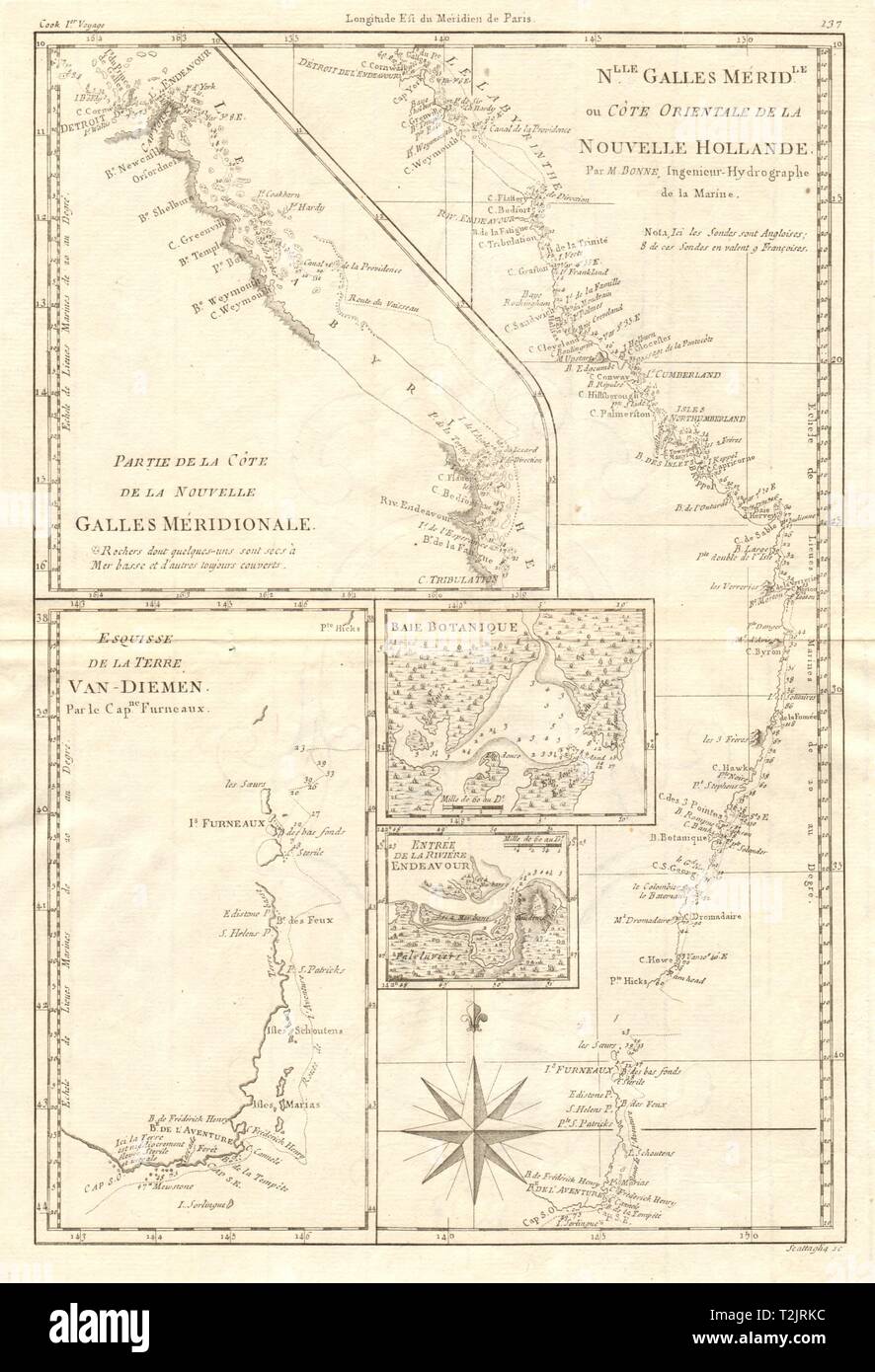 Nouvelle Galles meridionale. Australia costa orientale. NSW QLD TAS. BONNE 1790 mappa Foto Stock