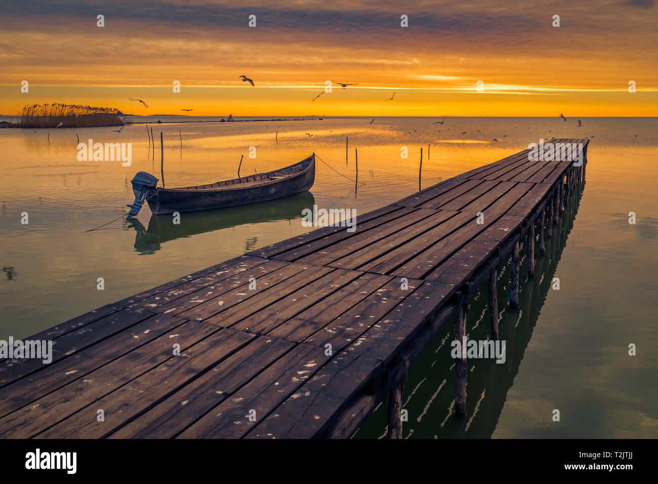 Il lago di scena al mattino all'alba con gli uccelli che volano sopra il lago e una barca e un pontone in primo piano shot in Romania Foto Stock