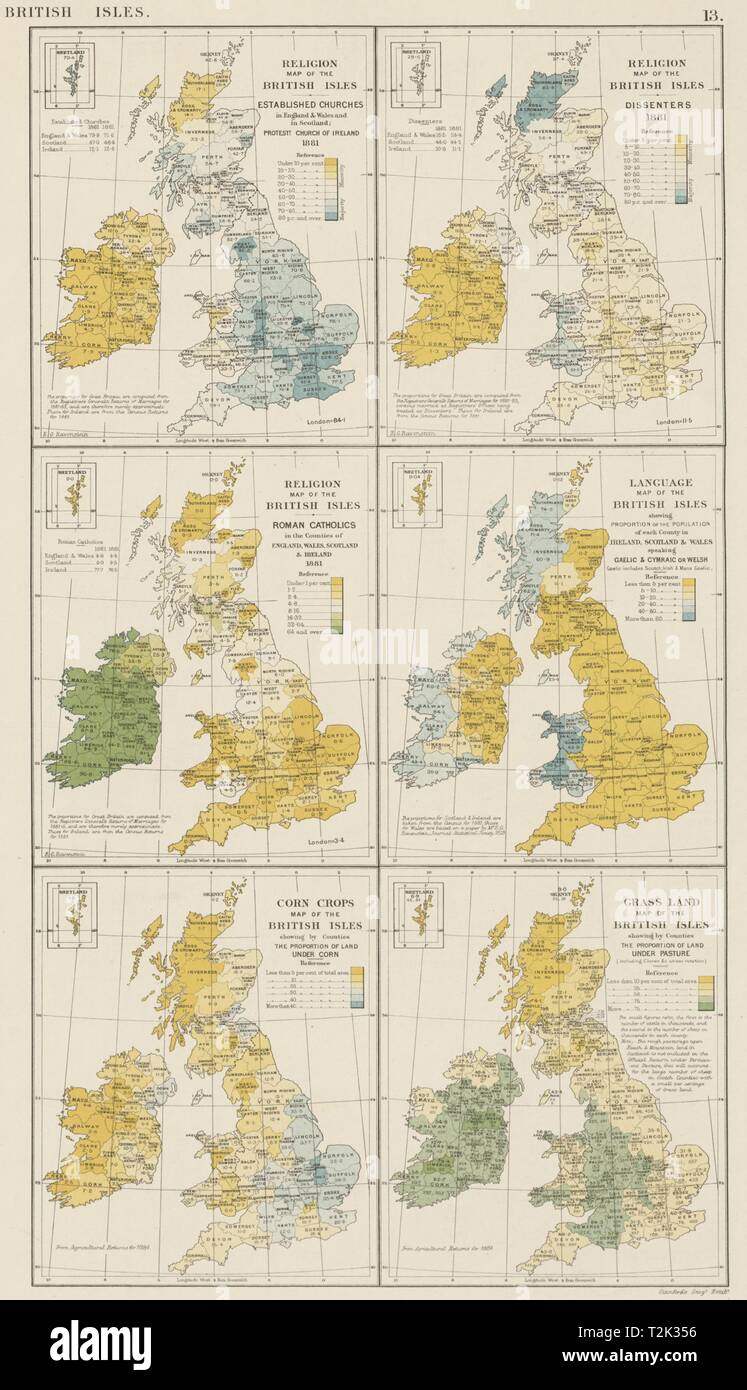 Isole britanniche religione dissidenti gaelico di Lingua gallese. STANFORD 1887 mappa vecchia Foto Stock