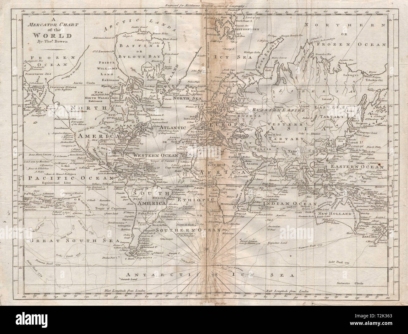 'Un diagramma di Mercator del mondo da Thomas Bowen' 1779 antica mappa Foto Stock