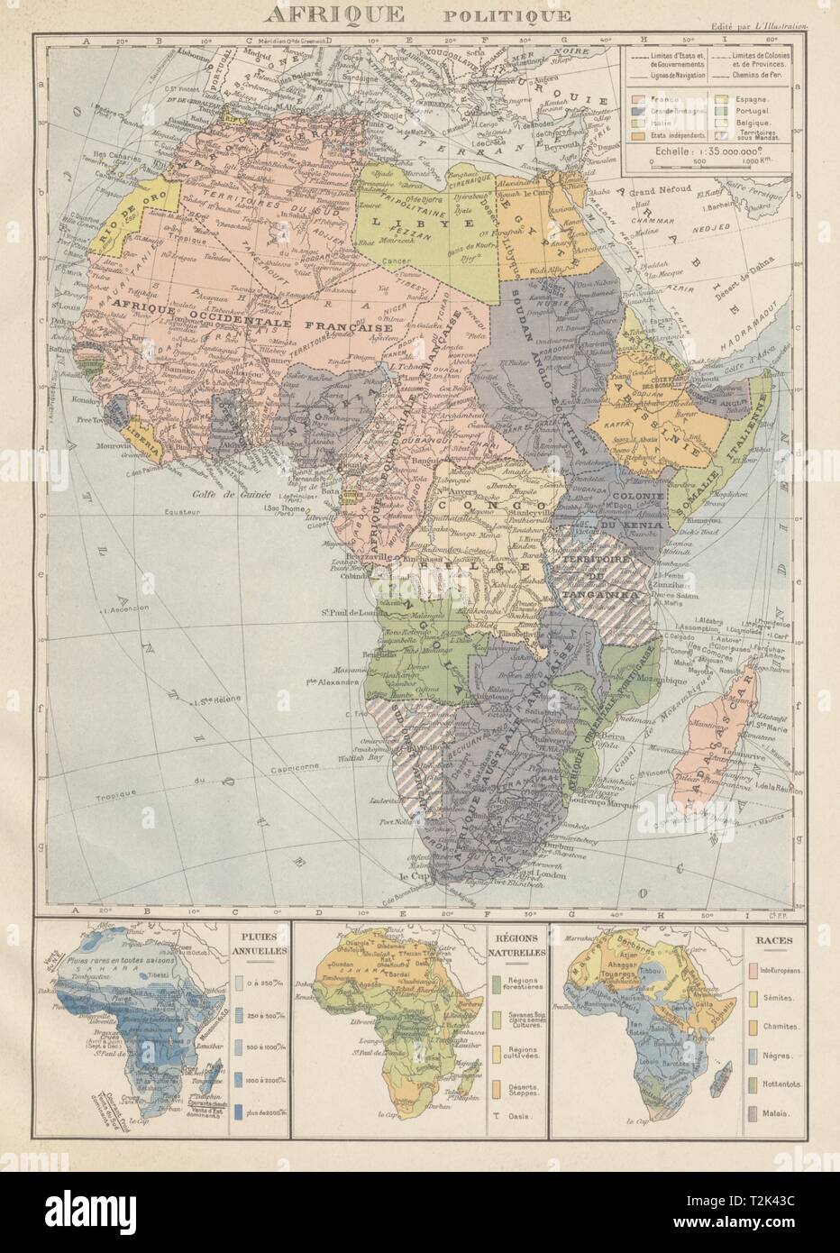AFRICA COLONIALE Afrique. Lega delle Nazioni mandati. Etnicità 1929 mappa vecchia Foto Stock