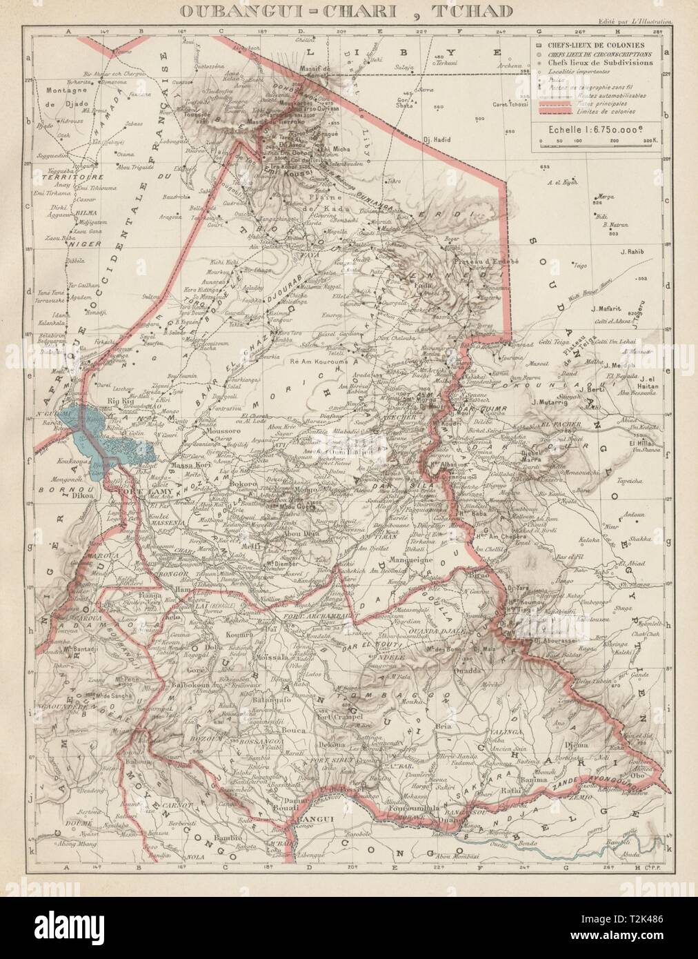 Coloniale Francese Ciad & UBANGI-SHARI (C.A.R.). Oubangui-Chari Tchad 1929 mappa Foto Stock