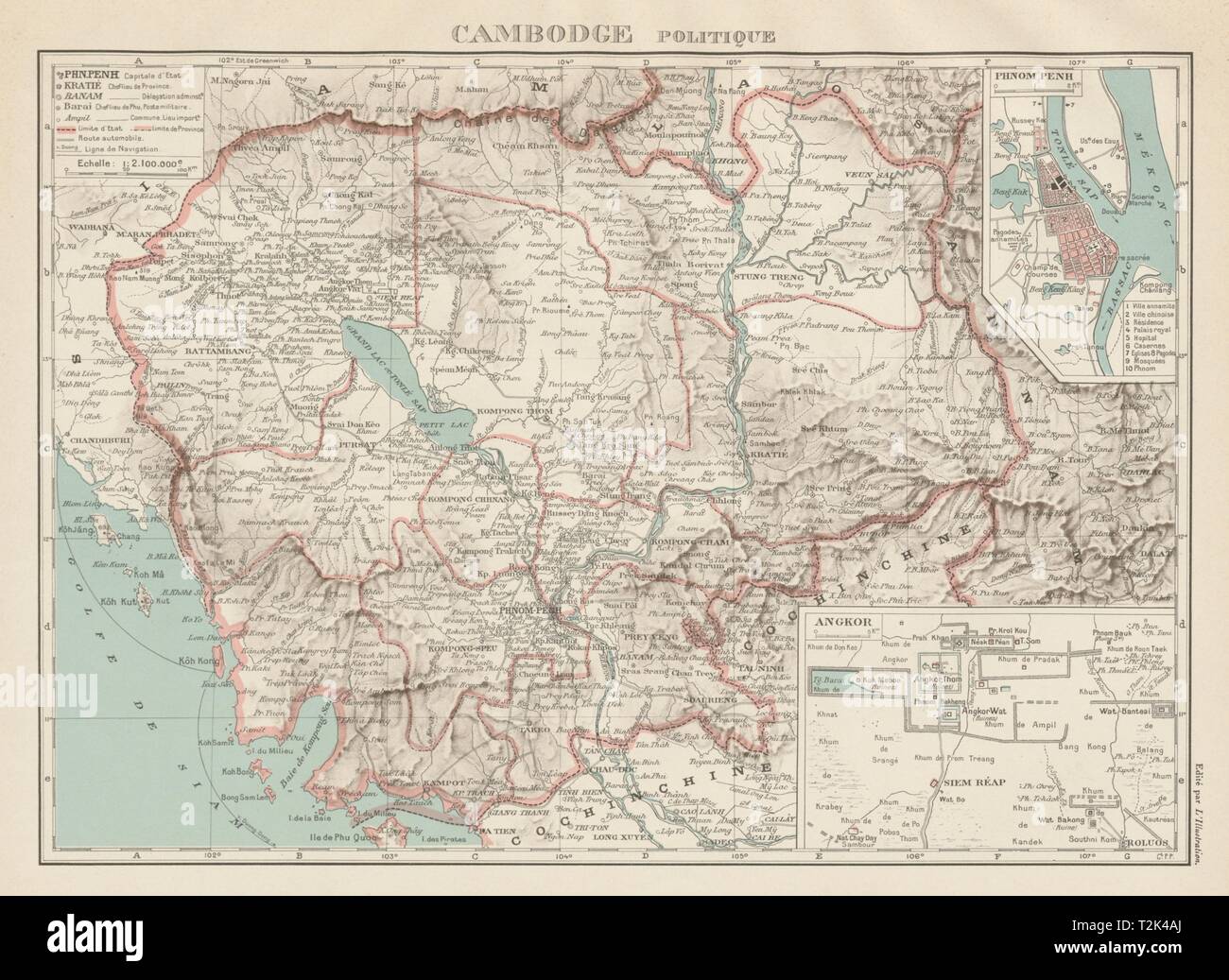 Cambogia/Cambogia. Indocina francese. Angkor Wat & Phnom Penh piani 1929 mappa Foto Stock