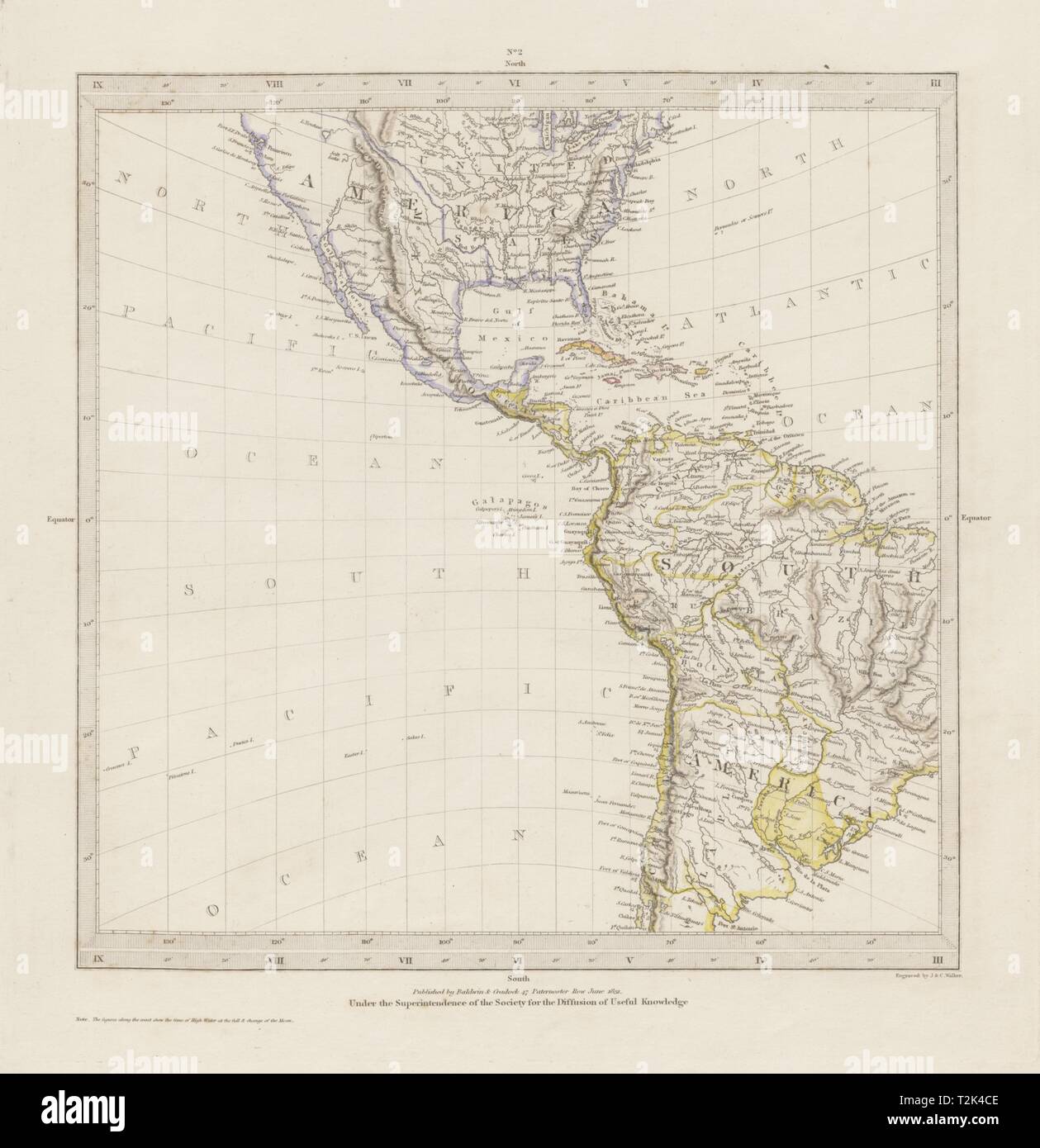 AMERICAS su proiezione gnomonica. Mostra Texas come parte del Messico. SDUK 1844 mappa Foto Stock