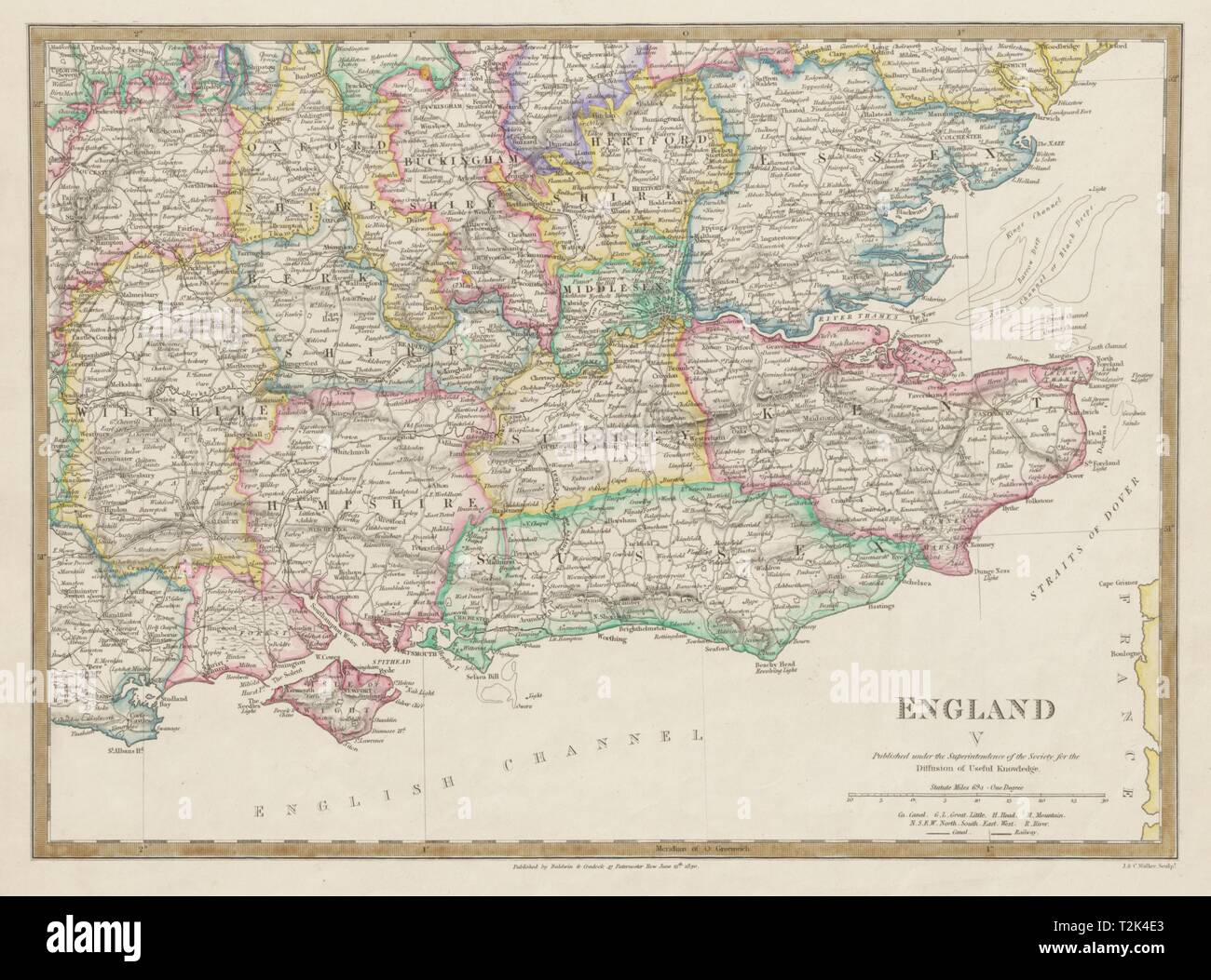 Inghilterra SE Middx Kent Sussex Surrey Hants Berks Essex Herts. SDUK 1844 mappa vecchia Foto Stock