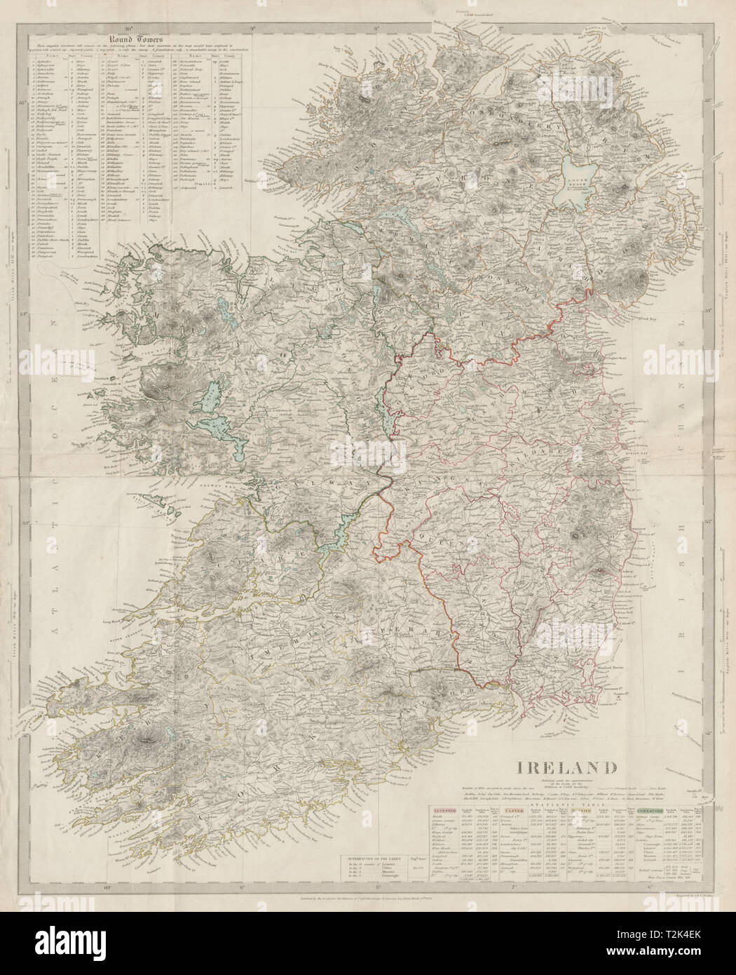 L'Irlanda su 2 fogli congiunti 62x50 cm. Torri rotonde Cloigthithe. SDUK 1844 mappa Foto Stock