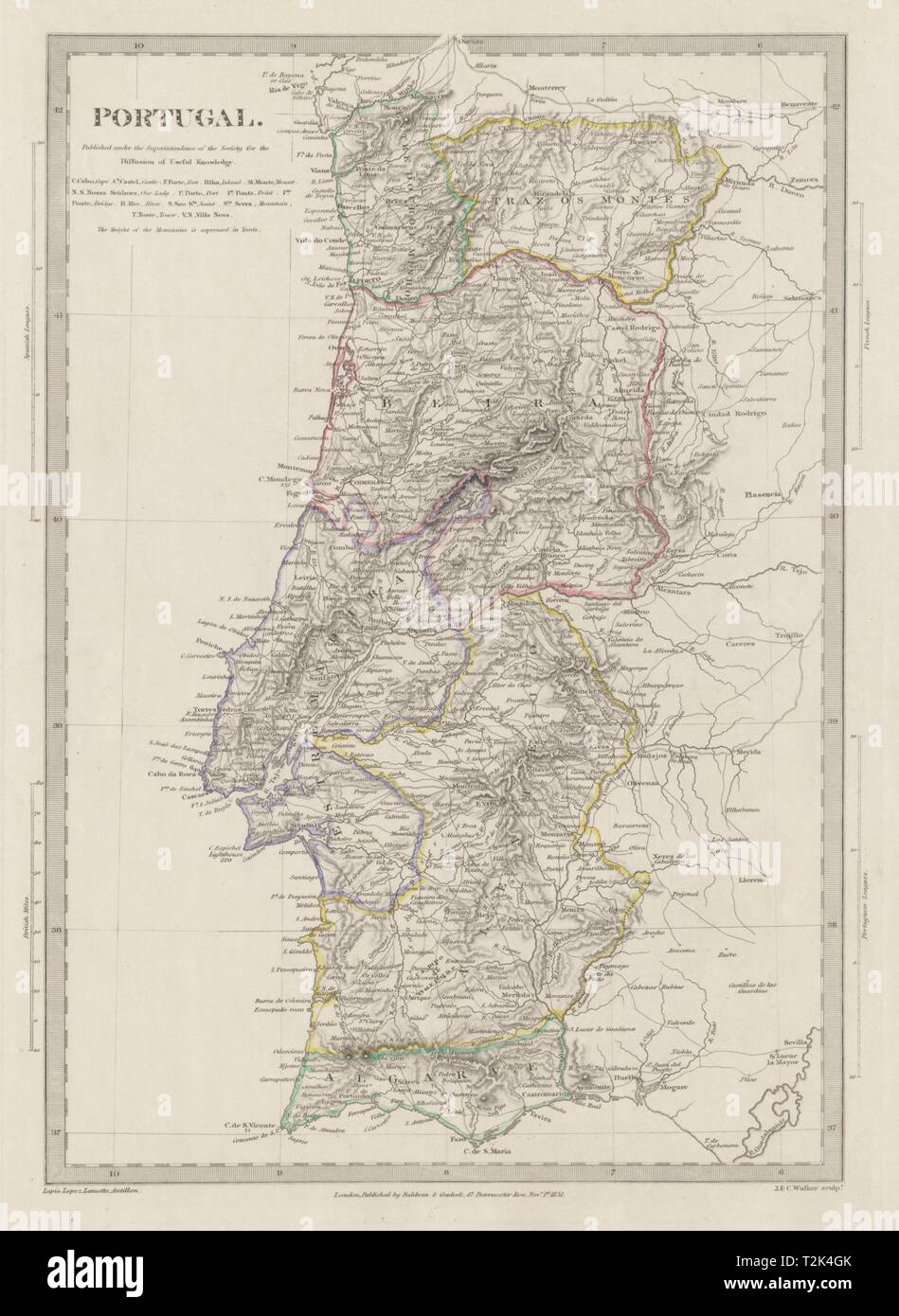 Il Portogallo. Algarve Alentejo Estremadura Beira Trás os Montes. SDUK 1844 mappa vecchia Foto Stock