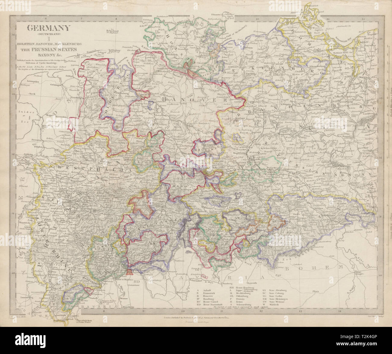 Germania DEUTSCHLAND.Holstein Hannover Mecklenburg Prussia Sassonia SDUK 1844 mappa Foto Stock