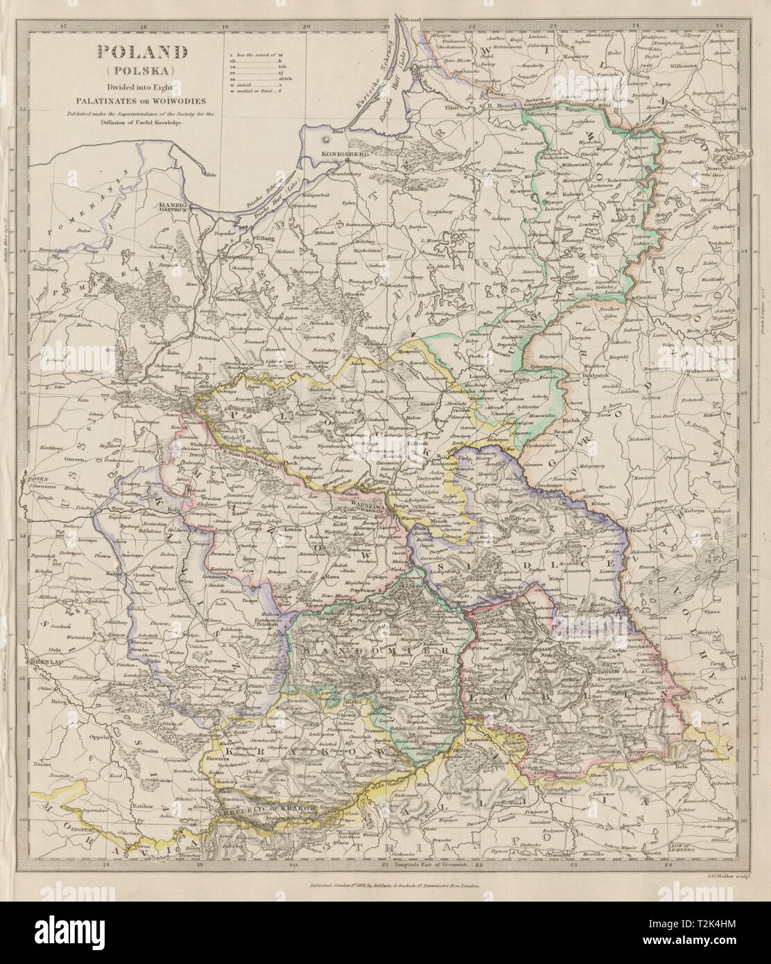 La Polonia POLSKA.Palatinates Woiwodies.Mazow Cracovia Plock Kalisz &c SDUK 1844 mappa Foto Stock