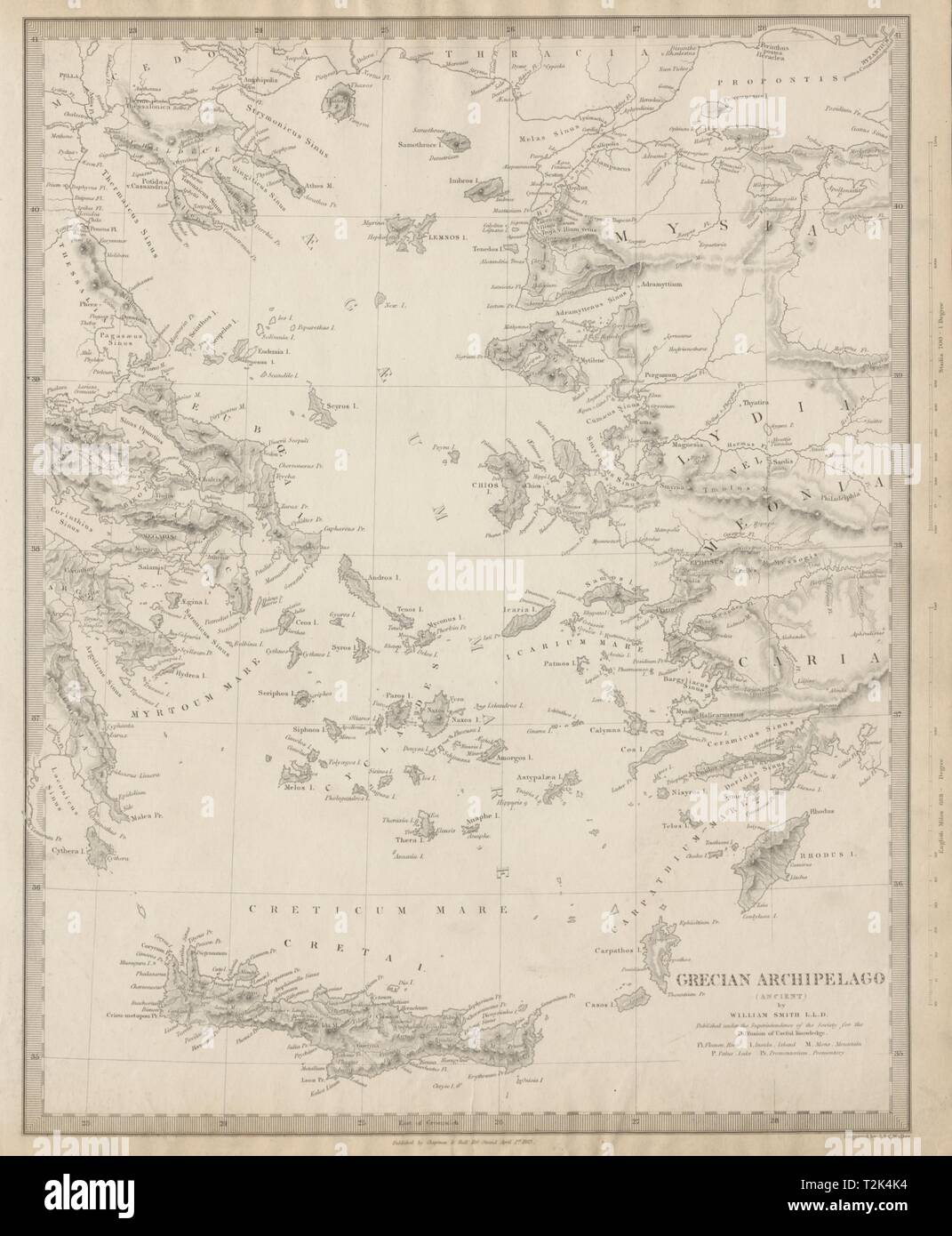 Arcipelago greco antico.Mar Egeo Cicladi Creta Creta Dodecaneso SDUK 1844 mappa Foto Stock