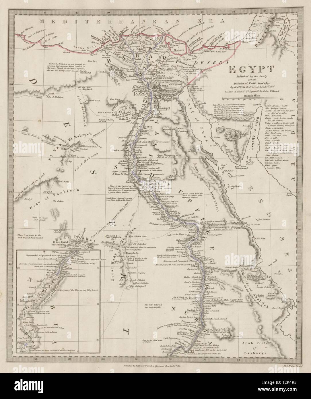 Egitto & Valle del Nilo. Piramidi monumenti. Mercato di schiavi. SDUK 1844 mappa vecchia Foto Stock