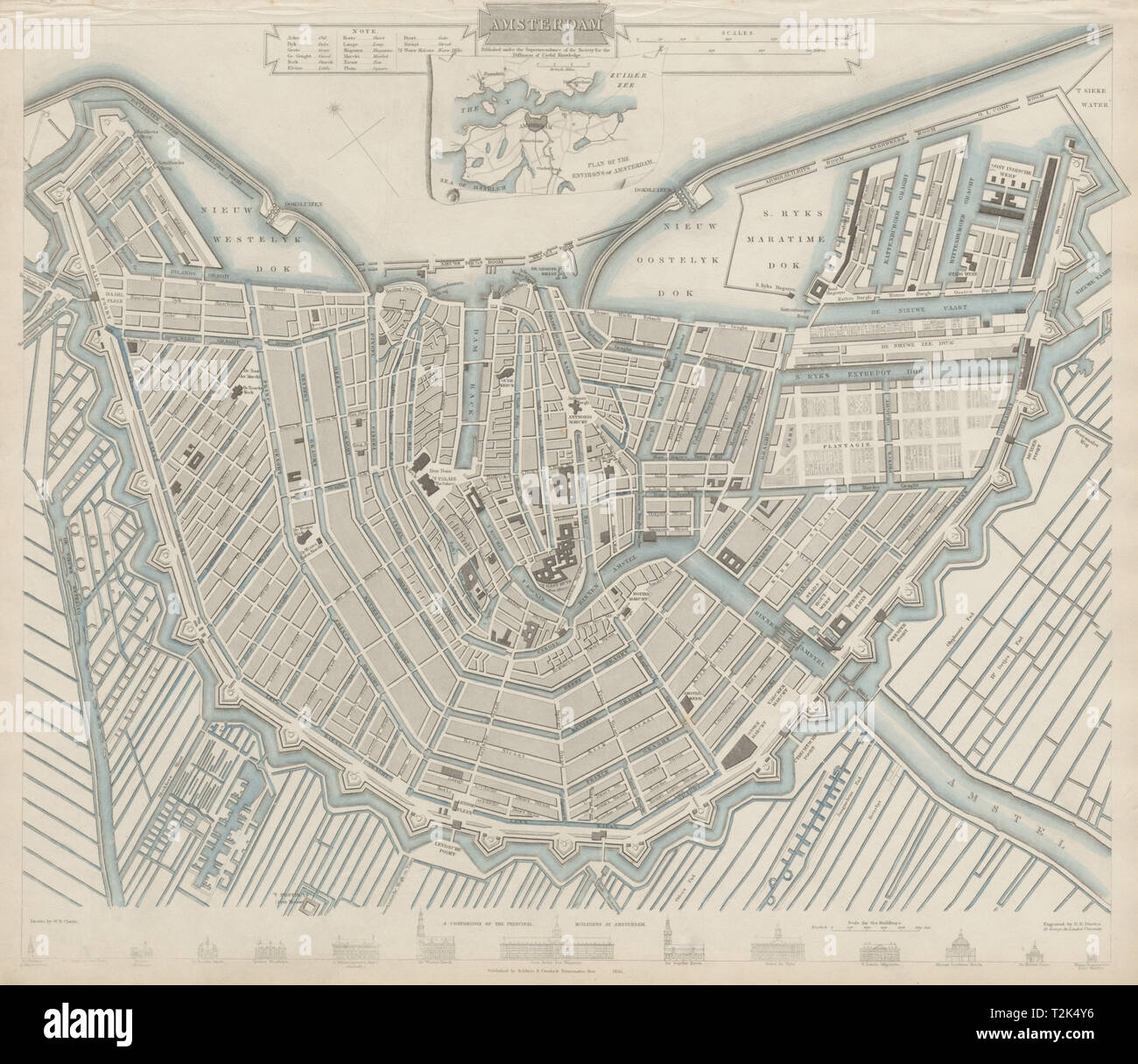AMSTERDAM città antica città mappa piano. Inset Amsterdam dintorni. SDUK 1844 Foto Stock