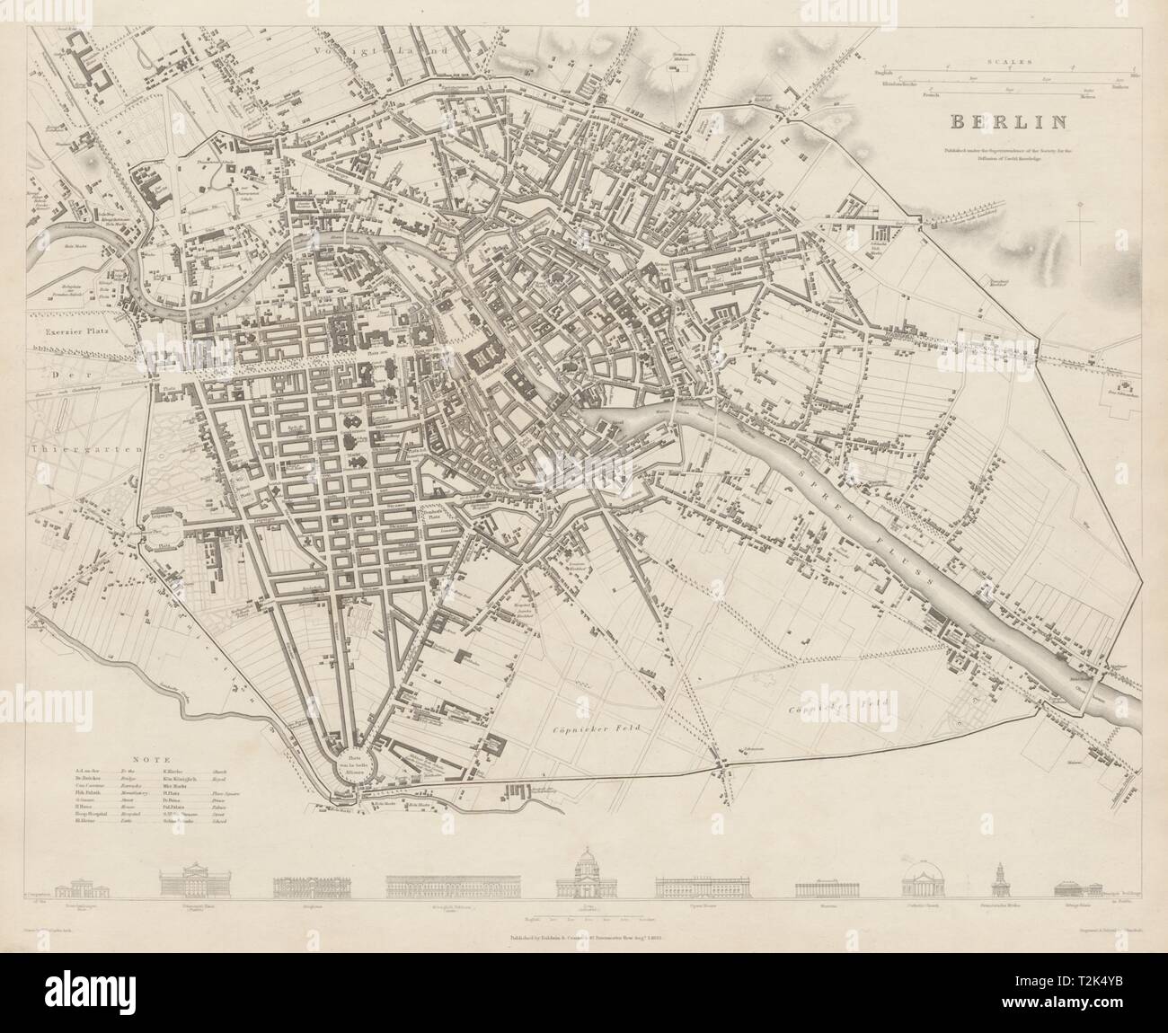 Berlino città antica città mappa piano. Le fortificazioni. La costruzione di profili. SDUK 1844 Foto Stock