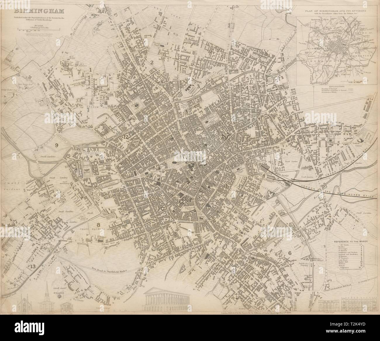 BIRMINGHAM città antica città mappa piano. Inset dintorni di Birmingham. SDUK 1844 Foto Stock