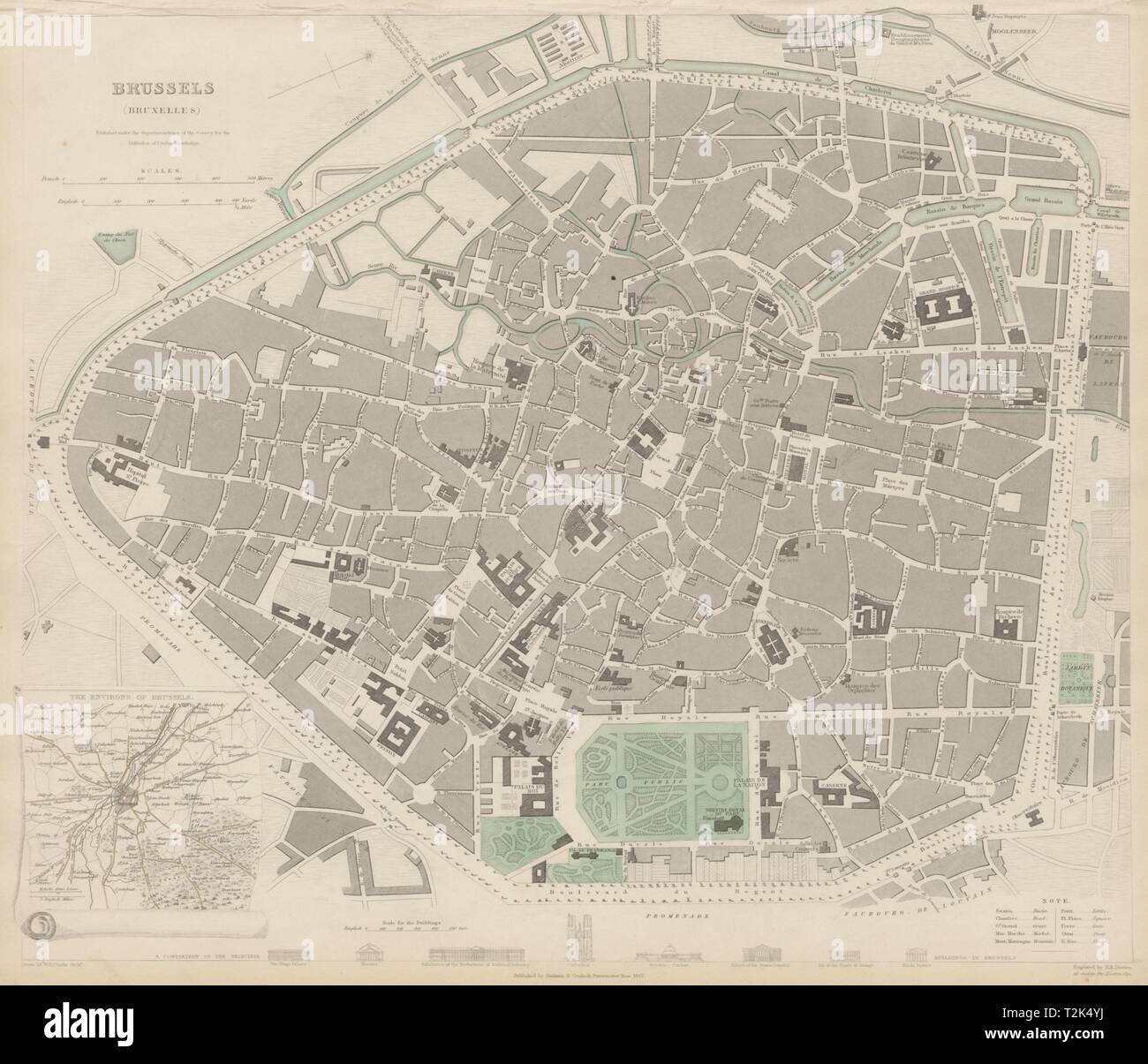Bruxelles Bruxelles BRUSSEL città antica mappa della città plan & dintorni SDUK 1844 Foto Stock