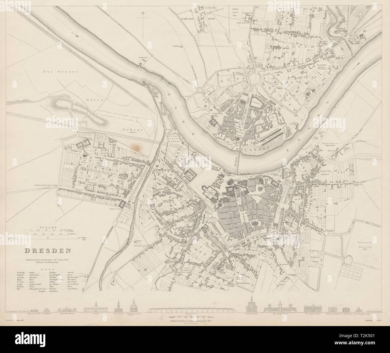 Dresda città antica città mappa piano. Friedrichstadt Altstadt Neustadt SDUK 1844 Foto Stock