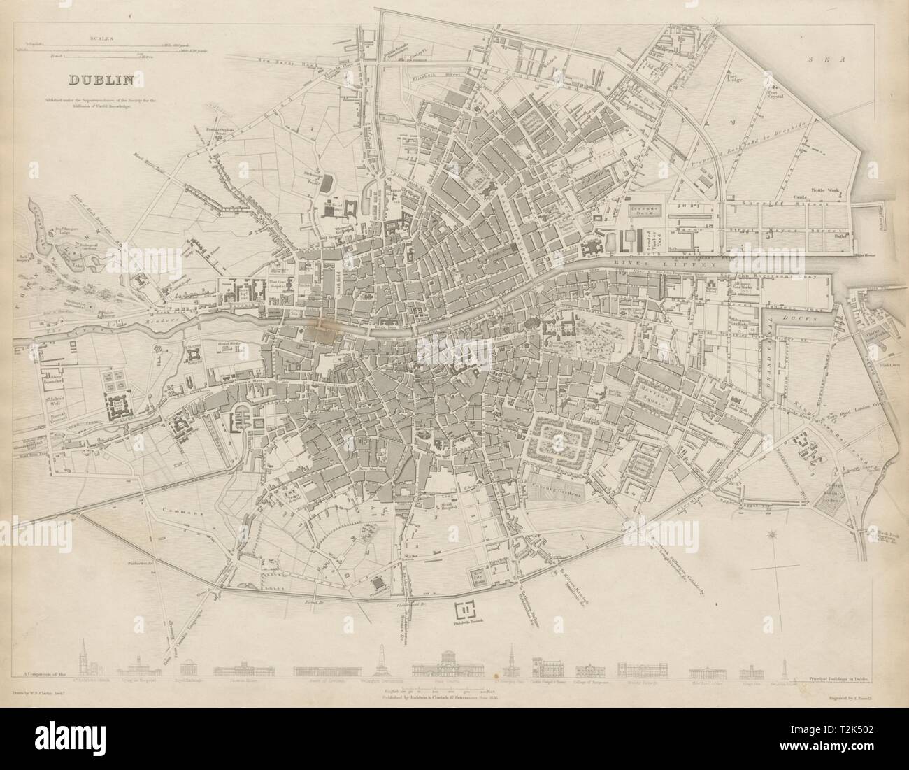 Dublino città antica città mappa piano. Edifici chiave profili. SDUK 1844 vecchio Foto Stock