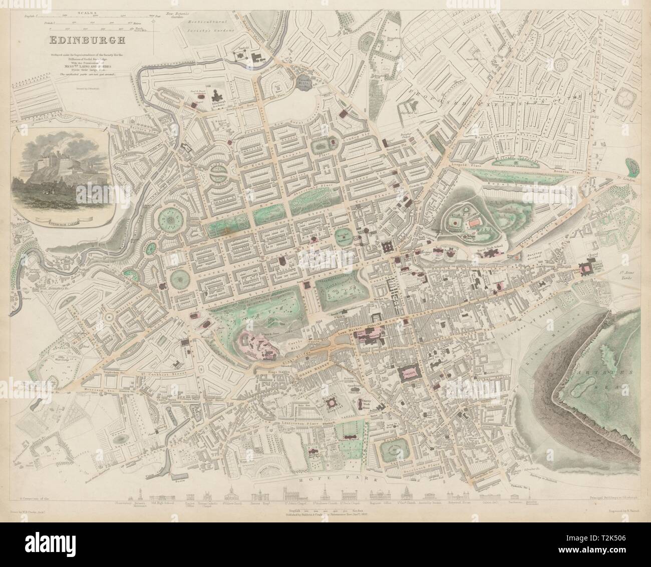 Edimburgo città antica città mappa piano. Edifici chiave profili. SDUK 1844 Foto Stock