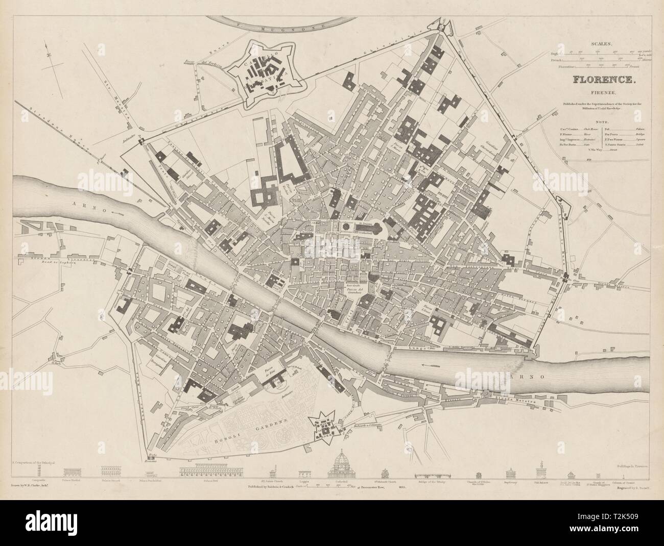 Firenze Firenze città antica città mappa piano. Edifici chiave profili. SDUK 1844 Foto Stock