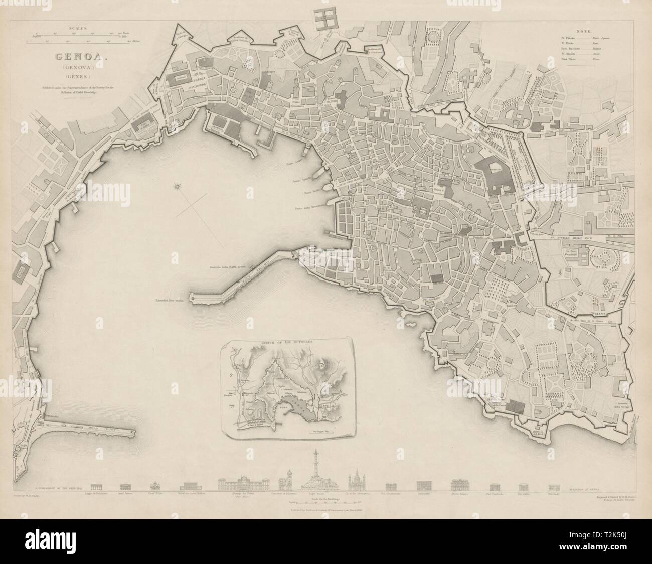 GENOVA (GENOVA GÊNES) geni antica città di piano mappa.Inset outworks SDUK 1844 Foto Stock