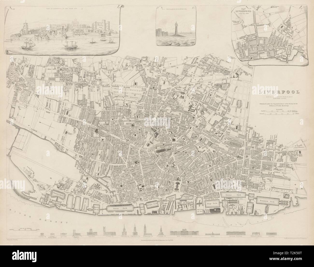 LIVERPOOL città antica mappa della città.Vista Inset & piano nel 1729. Edifici SDUK 1844 Foto Stock