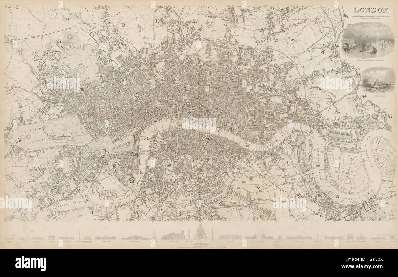 Londra città antica città mappa piano. La costruzione di profili. Grande 65x40 cm. SDUK 1844 Foto Stock