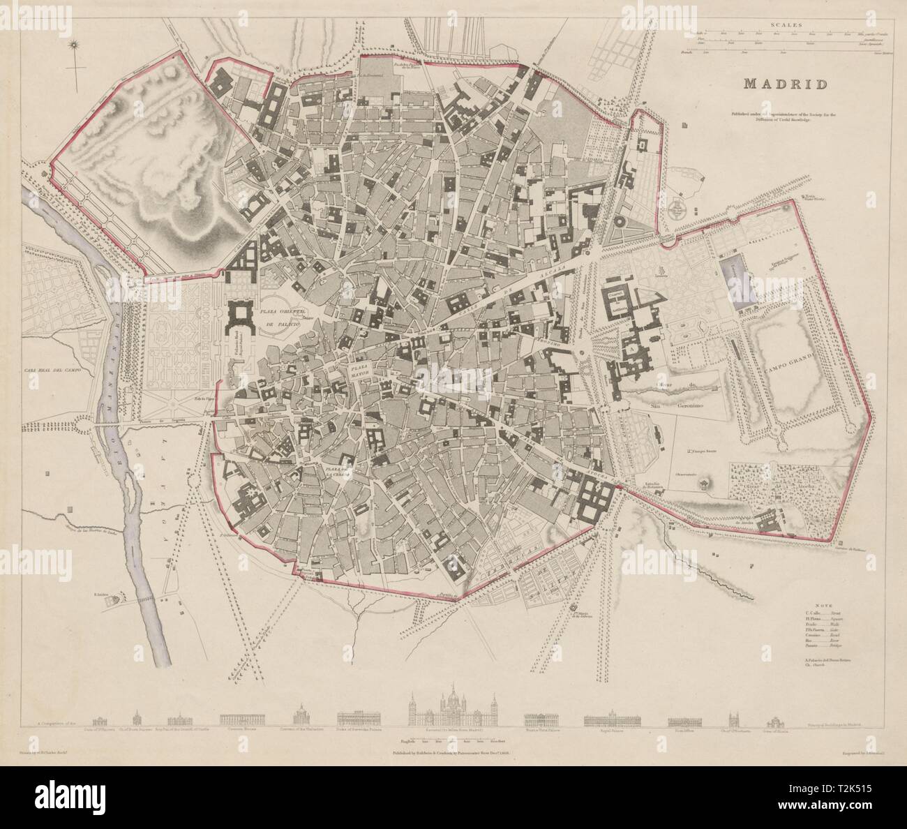 MADRID città antica città mappa piano. Profilo originale a colori. Spagna. SDUK 1844 Foto Stock