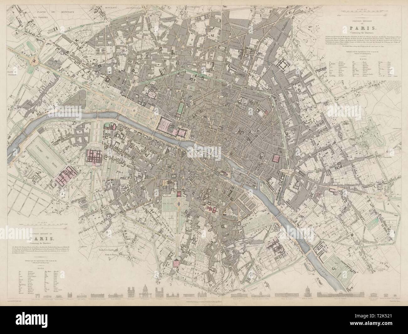 Parigi città antica città mappa piano. La costruzione di profili. Grande 55x40cm SDUK 1844 Foto Stock