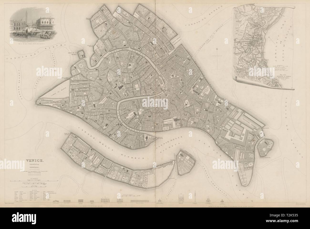Venezia Venezia VENEDIG città antica città mappa piano. Dintorni. Grande. SDUK 1844 Foto Stock