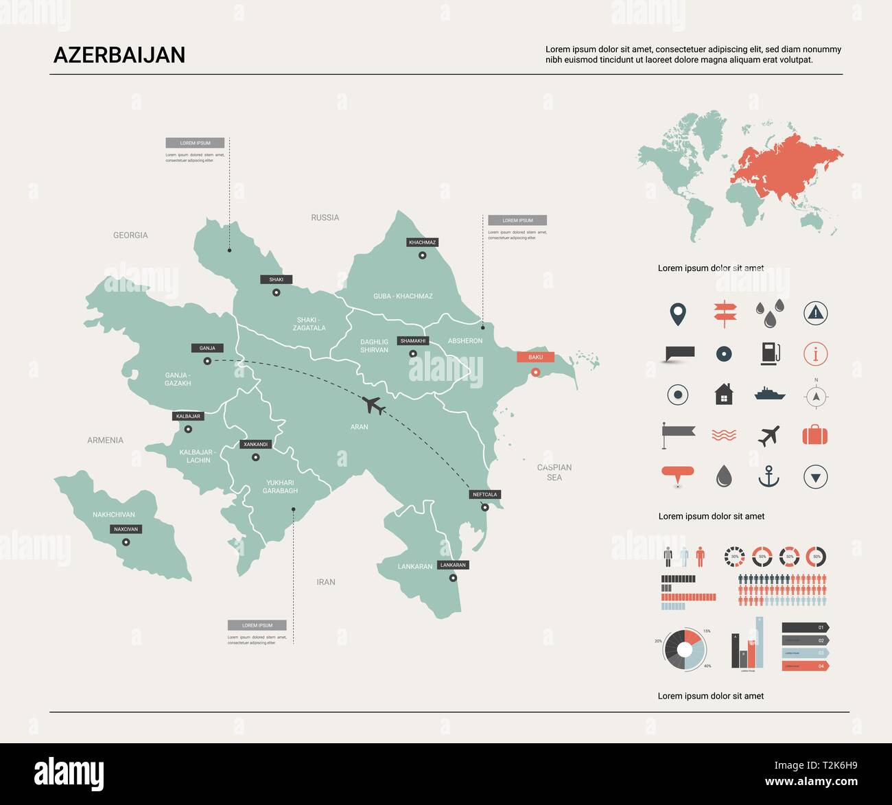 Mappa vettoriale di Azerbaigian . Alta dettagliata mappa del paese con la divisione, la città e la capitale Baku. Mappa politico, mappa del mondo, elementi infografico. Illustrazione Vettoriale