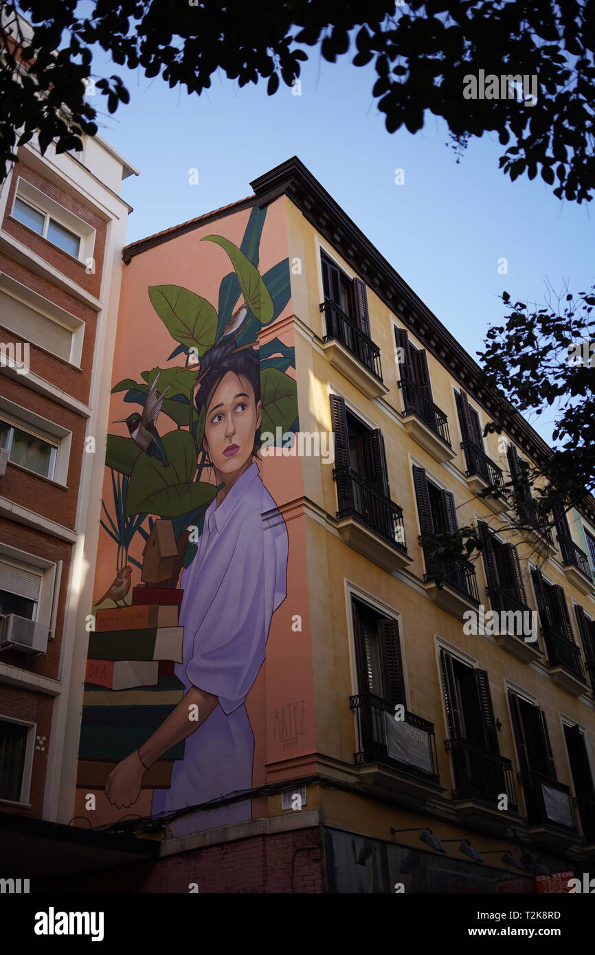 Il murale sulla facciata di un edificio in Madrid, ragazza spostando gli effetti personali Foto Stock