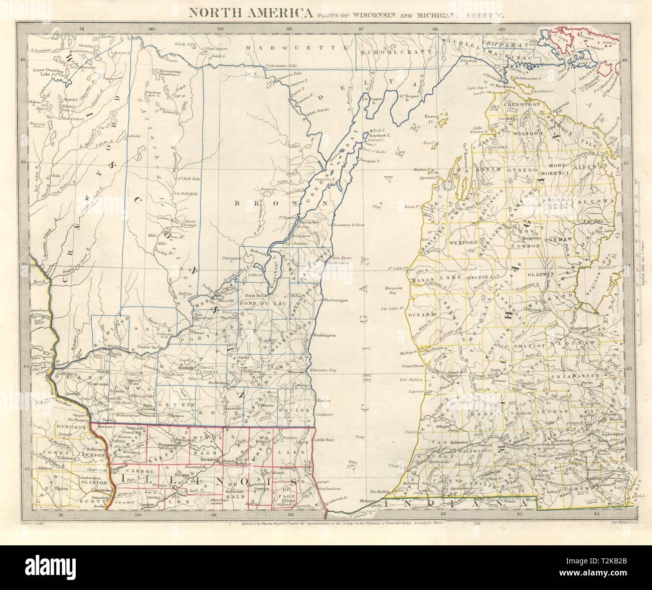 Il lago Michigan. Wisconsin. Michigan esclude la Penisola Superiore. SDUK 1846 mappa vecchia Foto Stock