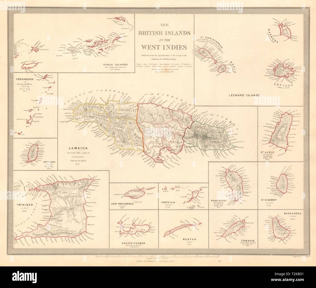 Indie Occidentali Britanniche Isole. Giamaica Antille vergine caimani. SDUK 1846 mappa Foto Stock