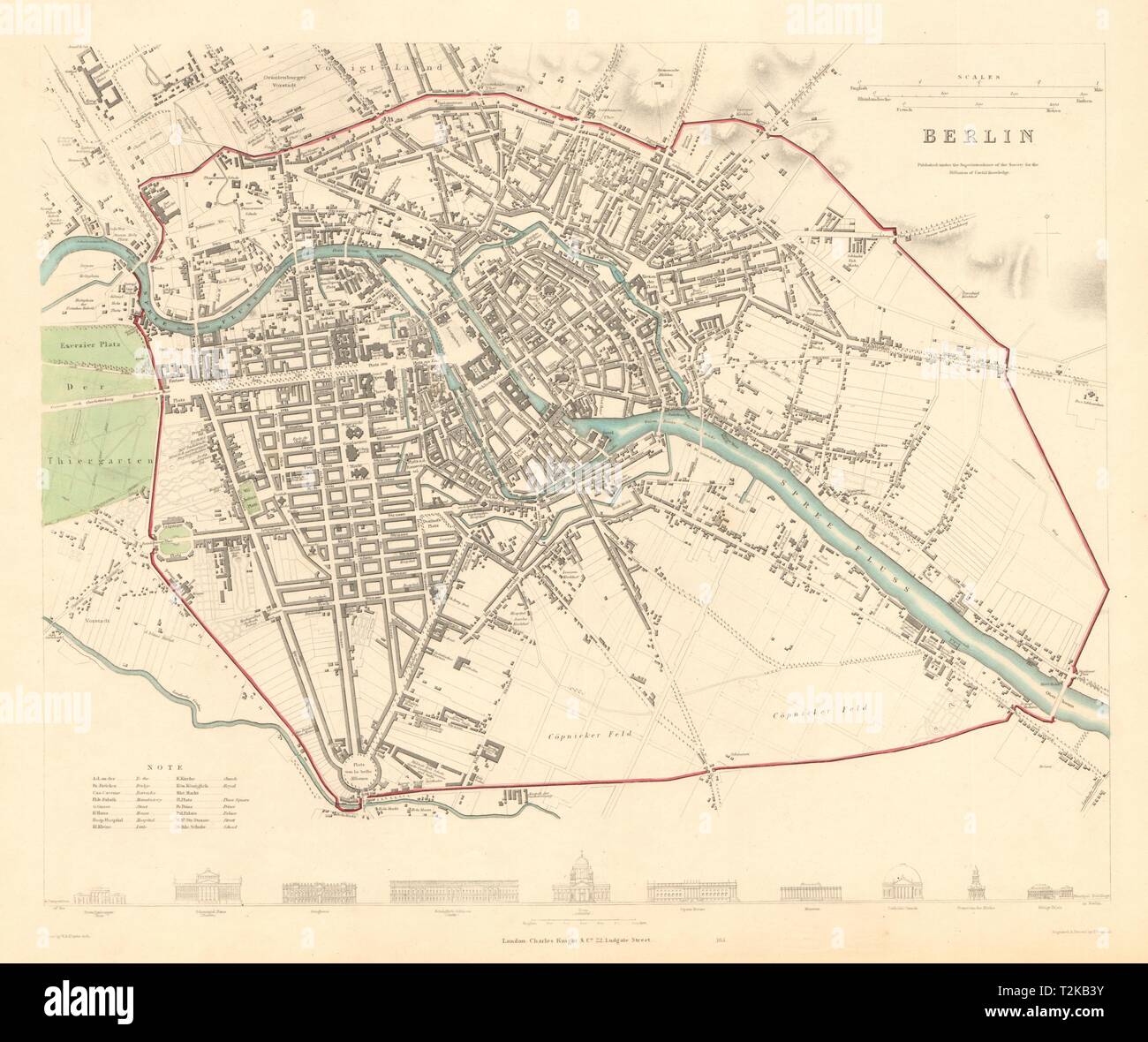 Berlino. Città antica città mappa piano. SDUK 1847 grafico vecchio Foto Stock