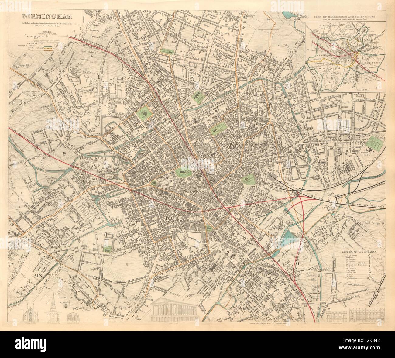 BIRMINGHAM. Città antica città mappa piano. Inset dintorni di Birmingham. SDUK 1847 Foto Stock